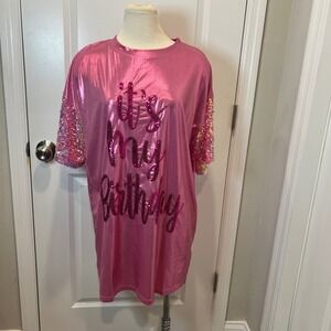 Fantastic Fawn Pink Metallic Sequin "It's My Birthday" Tunic Dress‎ M